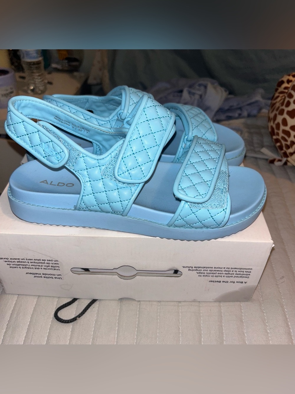 Aldo Quilted Light Blue Velcro Strap Sandals